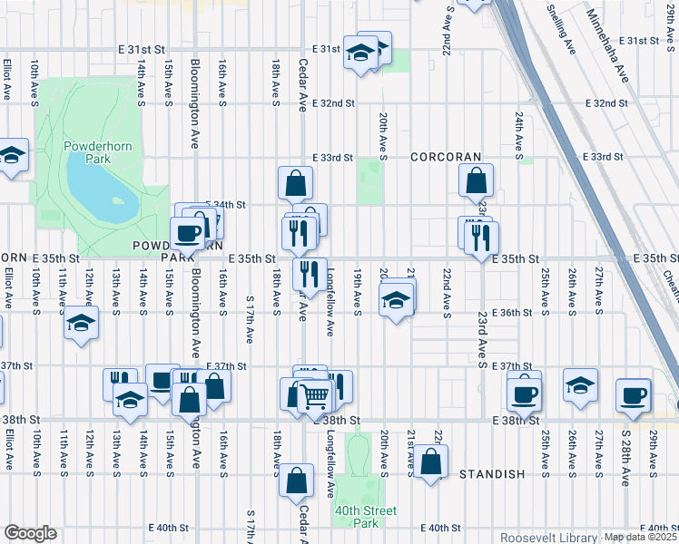 map of restaurants, bars, coffee shops, grocery stores, and more near 3531 Longfellow Avenue in Minneapolis