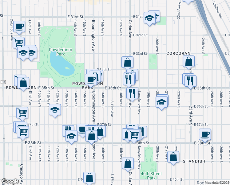 map of restaurants, bars, coffee shops, grocery stores, and more near 3530 18th Avenue South in Minneapolis