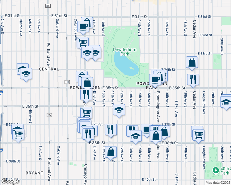 map of restaurants, bars, coffee shops, grocery stores, and more near 3520 12th Avenue South in Minneapolis