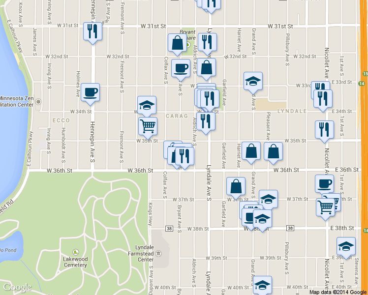 map of restaurants, bars, coffee shops, grocery stores, and more near 3532 Bryant Avenue South in Minneapolis
