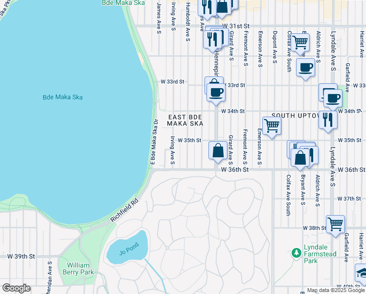 map of restaurants, bars, coffee shops, grocery stores, and more near 3536 Humboldt Avenue South in Minneapolis