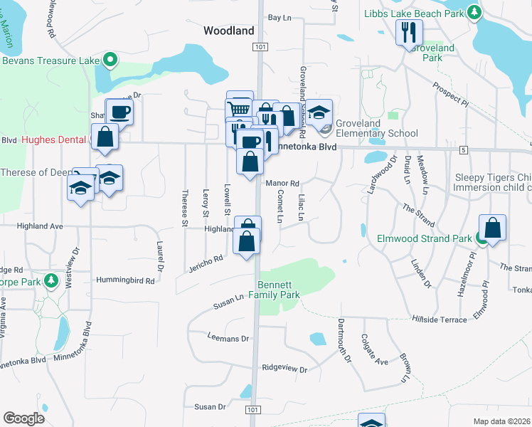 map of restaurants, bars, coffee shops, grocery stores, and more near 3566 County Road 101 in Wayzata