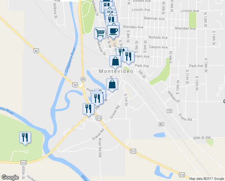 map of restaurants, bars, coffee shops, grocery stores, and more near 551 Southwest 1st Street in Montevideo