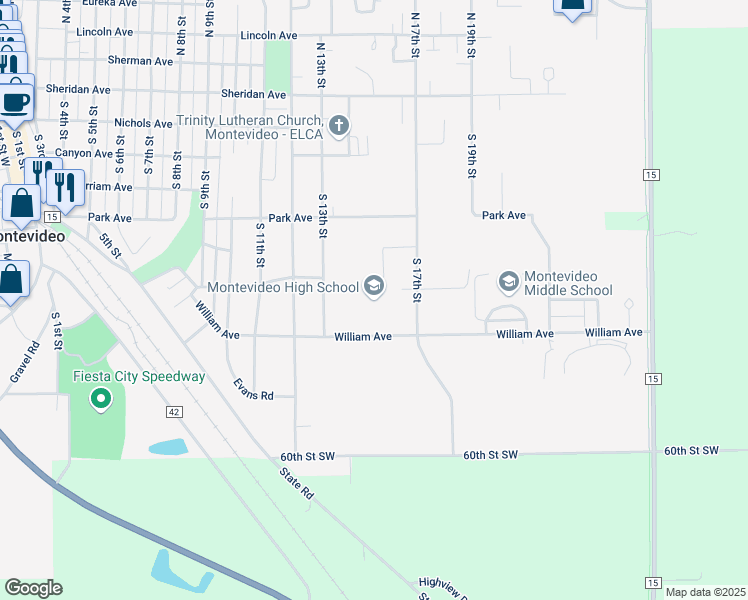 map of restaurants, bars, coffee shops, grocery stores, and more near 1501 William Drive in Montevideo