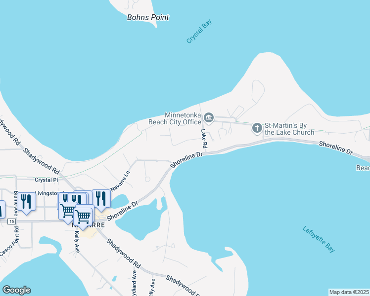 map of restaurants, bars, coffee shops, grocery stores, and more near 3012 Shoreline Drive in Wayzata