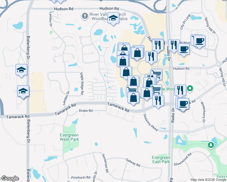 map of restaurants, bars, coffee shops, grocery stores, and more near 689 Woodduck Drive in Woodbury