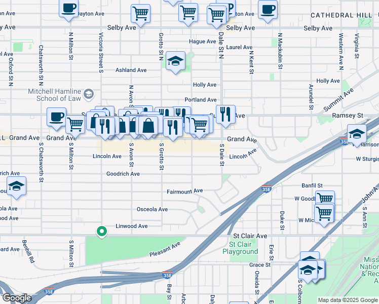 map of restaurants, bars, coffee shops, grocery stores, and more near 682 Lincoln Avenue in Saint Paul