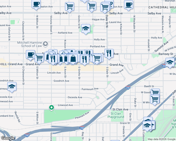 map of restaurants, bars, coffee shops, grocery stores, and more near 682 Lincoln Avenue in Saint Paul