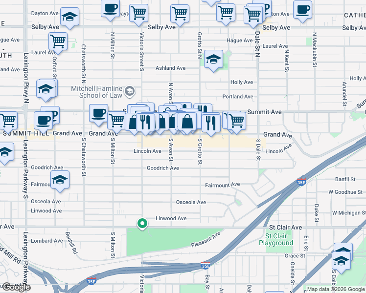 map of restaurants, bars, coffee shops, grocery stores, and more near 794 Lincoln Avenue in Saint Paul