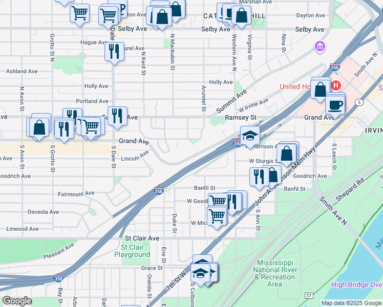 map of restaurants, bars, coffee shops, grocery stores, and more near 463 Grand Avenue in Saint Paul