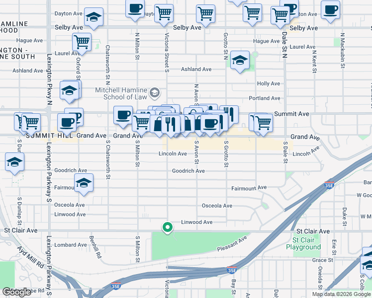 map of restaurants, bars, coffee shops, grocery stores, and more near 824 Lincoln Avenue in Saint Paul