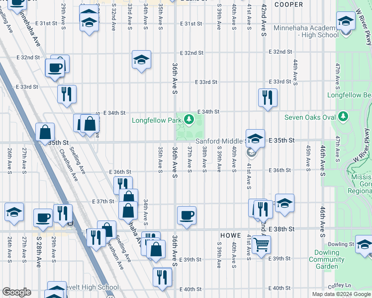 map of restaurants, bars, coffee shops, grocery stores, and more near 3514 37th Avenue South in Minneapolis