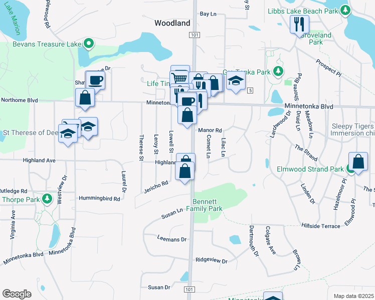 map of restaurants, bars, coffee shops, grocery stores, and more near 3566 County Road 101 in Wayzata