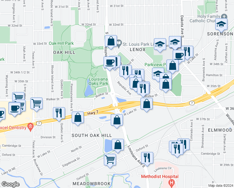 map of restaurants, bars, coffee shops, grocery stores, and more near 7298 Walker Street in Saint Louis Park