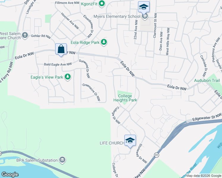 map of restaurants, bars, coffee shops, grocery stores, and more near 386 Sunwood Drive Northwest in Salem