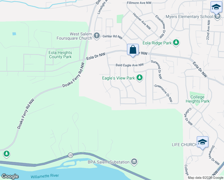 map of restaurants, bars, coffee shops, grocery stores, and more near 363 Eagle Feather Street Northwest in Salem