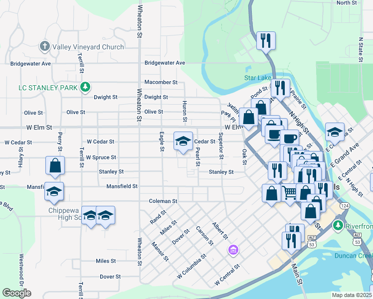 map of restaurants, bars, coffee shops, grocery stores, and more near 429 West Spruce Street in Chippewa Falls