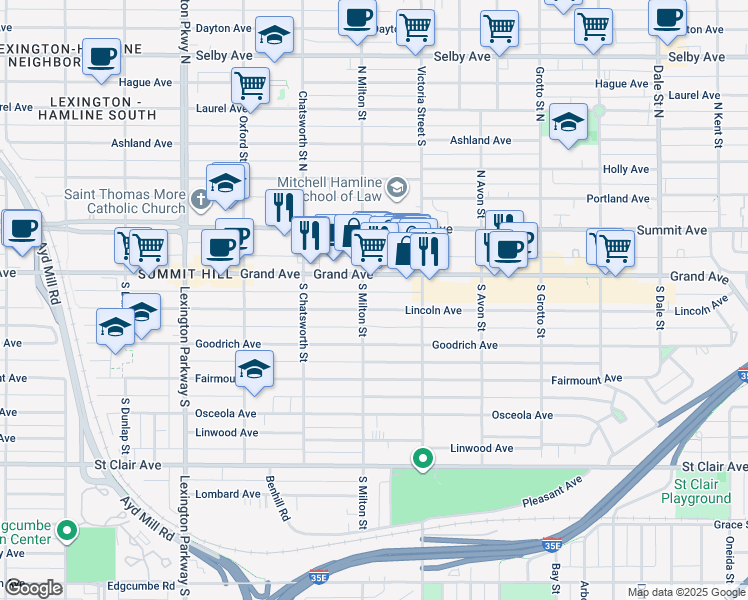 map of restaurants, bars, coffee shops, grocery stores, and more near 896 Lincoln Avenue in Saint Paul