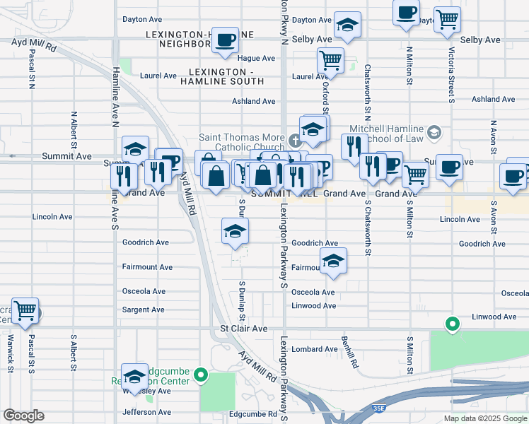 map of restaurants, bars, coffee shops, grocery stores, and more near 1144 Lincoln Avenue in Saint Paul