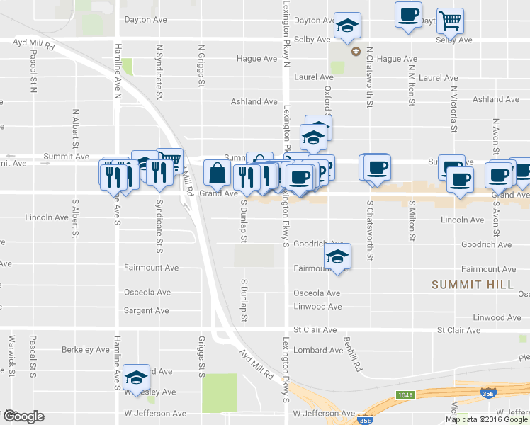 map of restaurants, bars, coffee shops, grocery stores, and more near 1144 Lincoln Avenue in Saint Paul