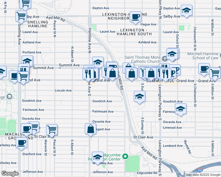 map of restaurants, bars, coffee shops, grocery stores, and more near 1282 Lincoln Avenue in Saint Paul
