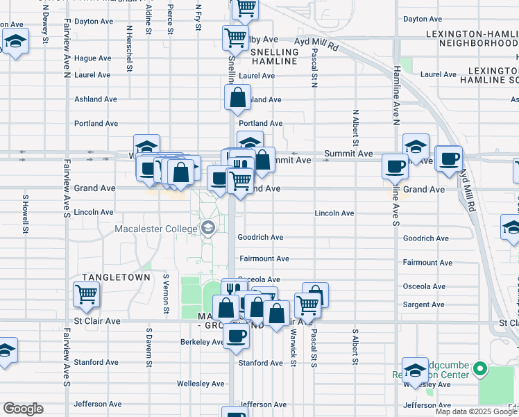 map of restaurants, bars, coffee shops, grocery stores, and more near 1528 Lincoln Avenue in Saint Paul