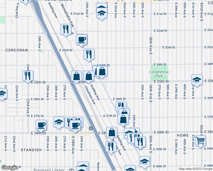 map of restaurants, bars, coffee shops, grocery stores, and more near 3541 Minnehaha Avenue in Minneapolis