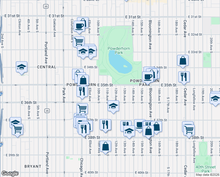 map of restaurants, bars, coffee shops, grocery stores, and more near 3520 12th Avenue South in Minneapolis