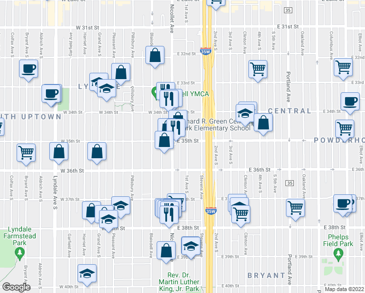 map of restaurants, bars, coffee shops, grocery stores, and more near 3533 Nicollet Avenue in Minneapolis