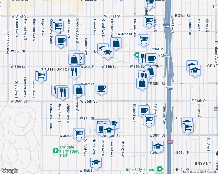 map of restaurants, bars, coffee shops, grocery stores, and more near 3530 Pleasant Avenue in Minneapolis