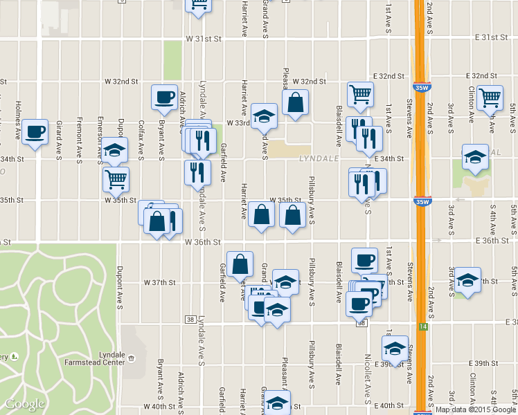 map of restaurants, bars, coffee shops, grocery stores, and more near 3526 Grand Avenue South in Minneapolis
