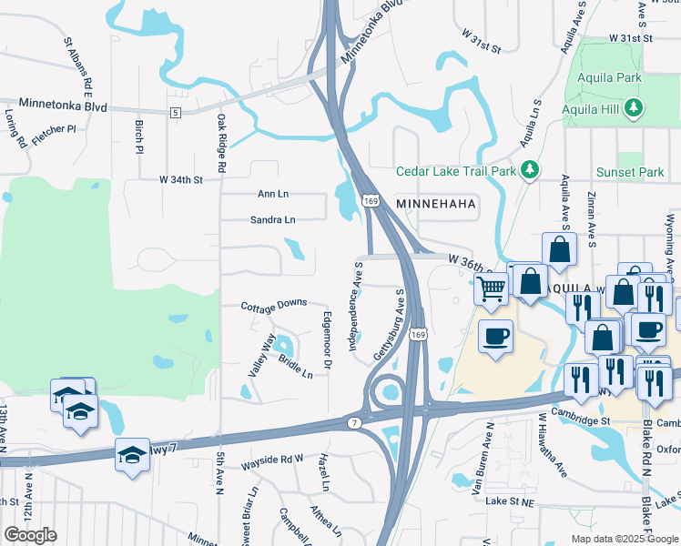 map of restaurants, bars, coffee shops, grocery stores, and more near 105 Cottage Downs in Hopkins