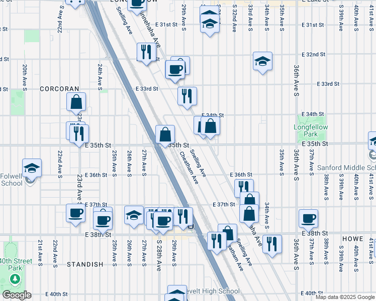 map of restaurants, bars, coffee shops, grocery stores, and more near 3534 Dight Avenue in Minneapolis