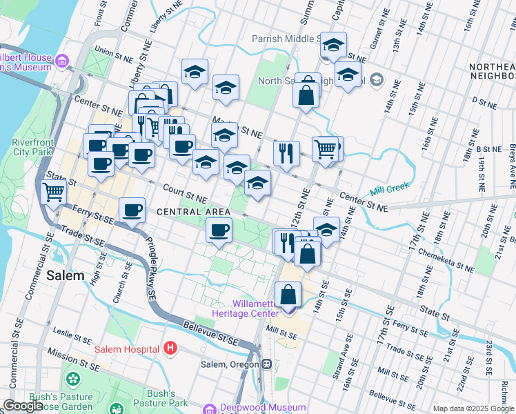 map of restaurants, bars, coffee shops, grocery stores, and more near 255 Capitol Street Northeast in Salem