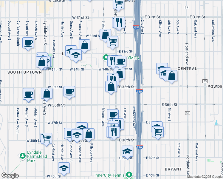 map of restaurants, bars, coffee shops, grocery stores, and more near 7 West 35th Street in Minneapolis
