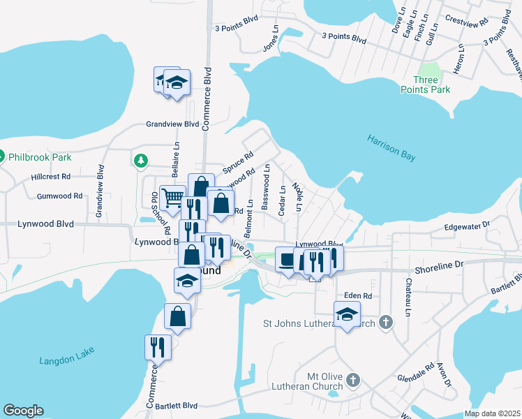 map of restaurants, bars, coffee shops, grocery stores, and more near 2161 Basswood Lane in Mound