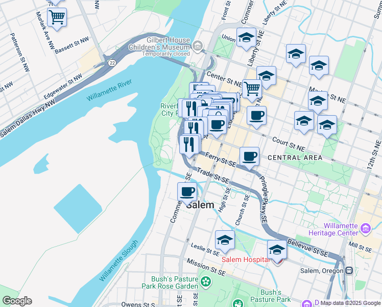 map of restaurants, bars, coffee shops, grocery stores, and more near 201 Ferry Street Southeast in Salem