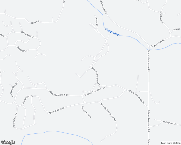 map of restaurants, bars, coffee shops, grocery stores, and more near 6520 Schuss Mountain Lane in Mancelona