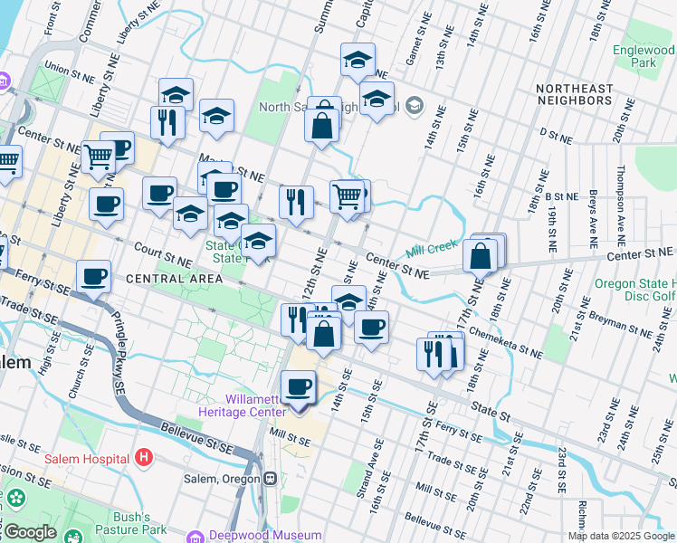 map of restaurants, bars, coffee shops, grocery stores, and more near 1210 Center Street Northeast in Salem