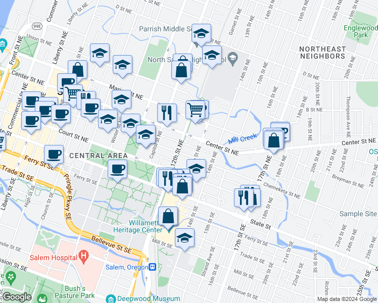 map of restaurants, bars, coffee shops, grocery stores, and more near 1210 Center Street Northeast in Salem