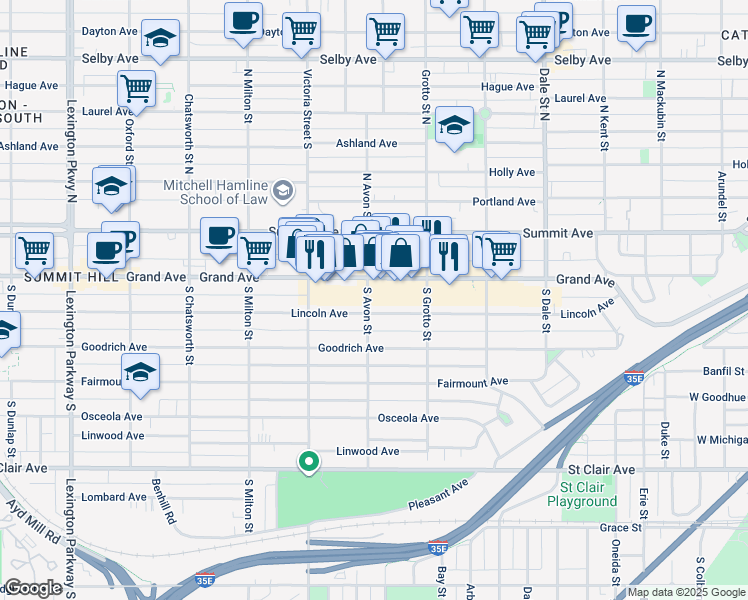 map of restaurants, bars, coffee shops, grocery stores, and more near 797 Grand Avenue in Saint Paul