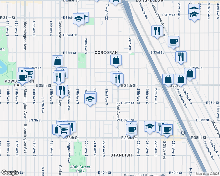 map of restaurants, bars, coffee shops, grocery stores, and more near 3441 22nd Avenue South in Minneapolis