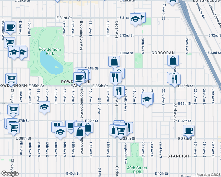 map of restaurants, bars, coffee shops, grocery stores, and more near 3436 18th Avenue South in Minneapolis