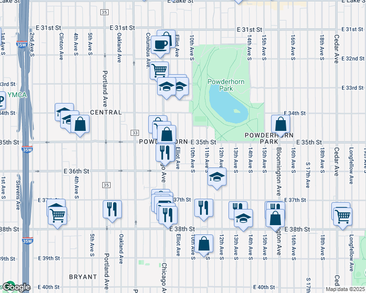 map of restaurants, bars, coffee shops, grocery stores, and more near 3445 Elliot Avenue in Minneapolis