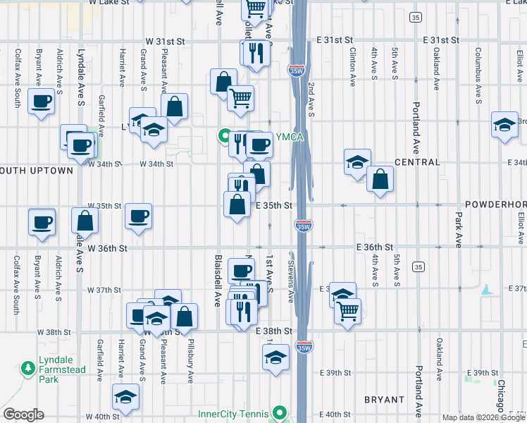 map of restaurants, bars, coffee shops, grocery stores, and more near in Minneapolis