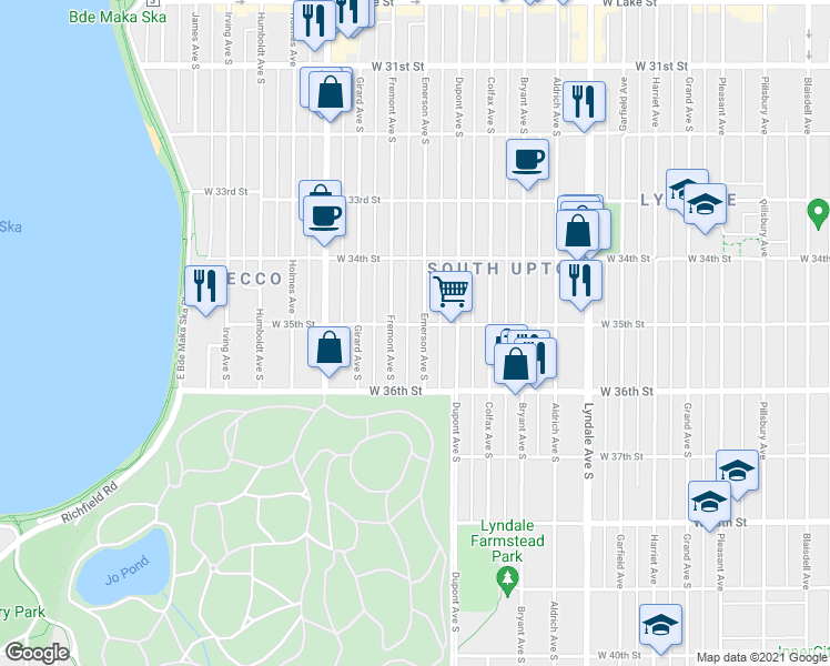 map of restaurants, bars, coffee shops, grocery stores, and more near 3441 Fremont Avenue South in Minneapolis