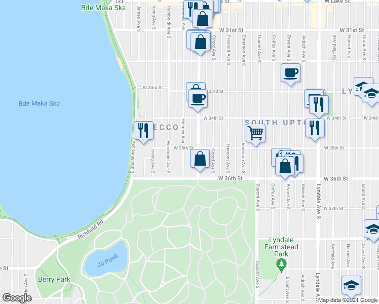 map of restaurants, bars, coffee shops, grocery stores, and more near in Minneapolis