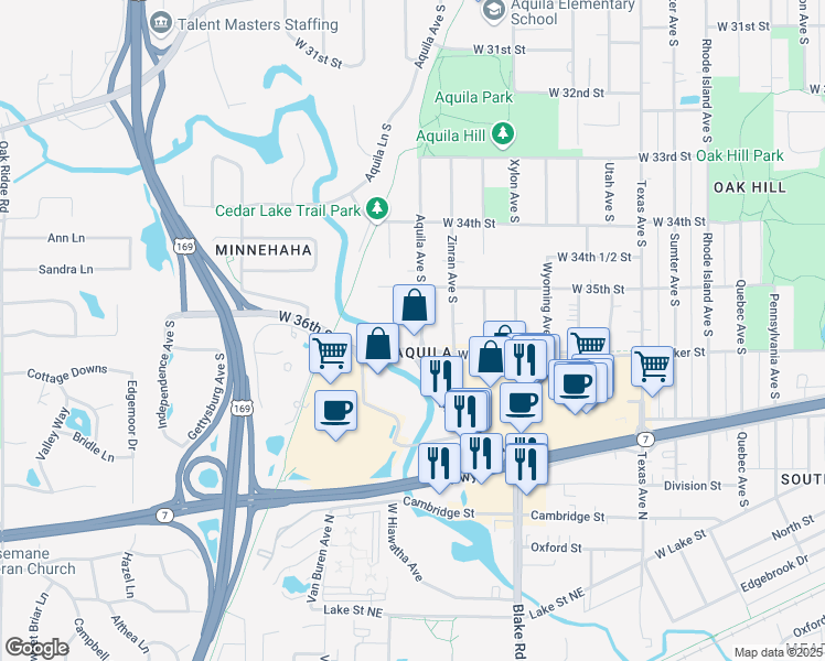 map of restaurants, bars, coffee shops, grocery stores, and more near 3536 Aquila Circle in Minneapolis