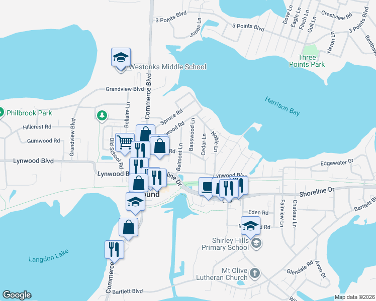 map of restaurants, bars, coffee shops, grocery stores, and more near 2128 Belmont Lane in Mound