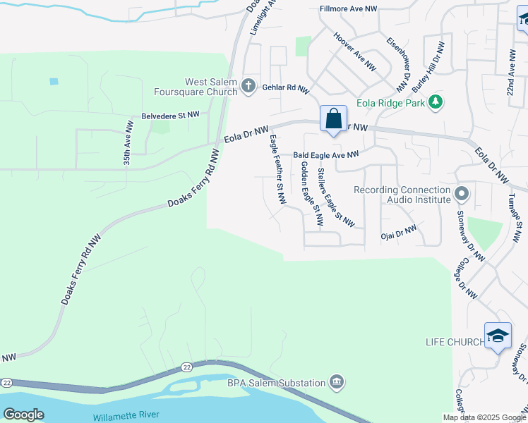 map of restaurants, bars, coffee shops, grocery stores, and more near 417 Eaglet Street Northwest in Salem